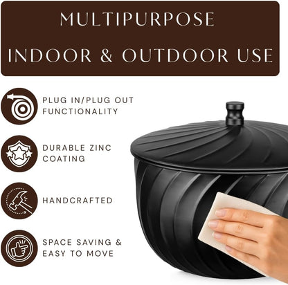 Monarch Abode Garden Hose Holder with Lid – Decorative Water Hose Holders for Outside, Wave Embossed Metal Matte Black Pot with Drainage, 100ft Waterhose Holder for Outside, Garden Storage Caddy