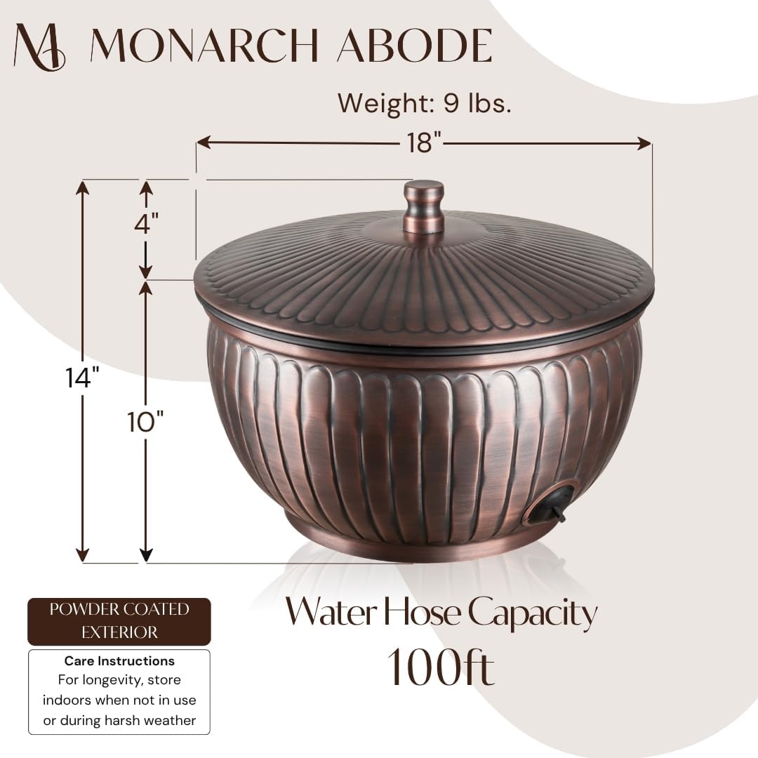 Monarch Abode Garden Hose Holder with Lid – Decorative Water Hose Holders for Outside, Arch Embossed Metal Patina Pot with Drainage, 100ft Waterhose Holder for Outside, Garden Storage Caddy