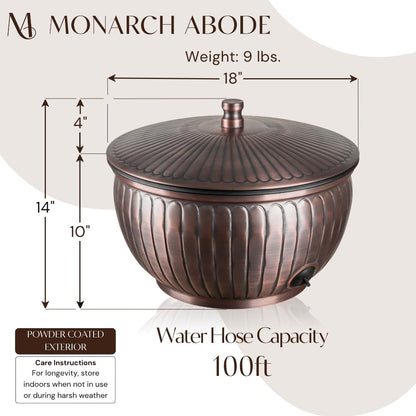 Monarch Abode Garden Hose Holder with Lid – Decorative Water Hose Holders for Outside, Arch Embossed Metal Patina Pot with Drainage, 100ft Waterhose Holder for Outside, Garden Storage Caddy