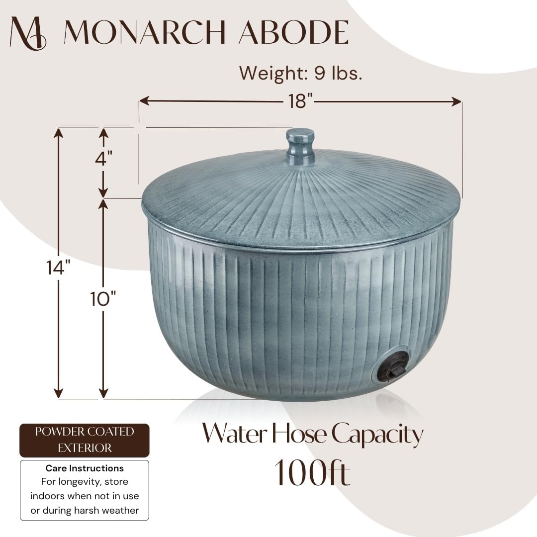 Monarch Abode Garden Hose Holder with Lid – Decorative Water Hose Holders for Outside, Ridge Embossed Metal Matte Black Pot with Drainage, 100ft Waterhose Holder for Outside, Garden Storage Caddy