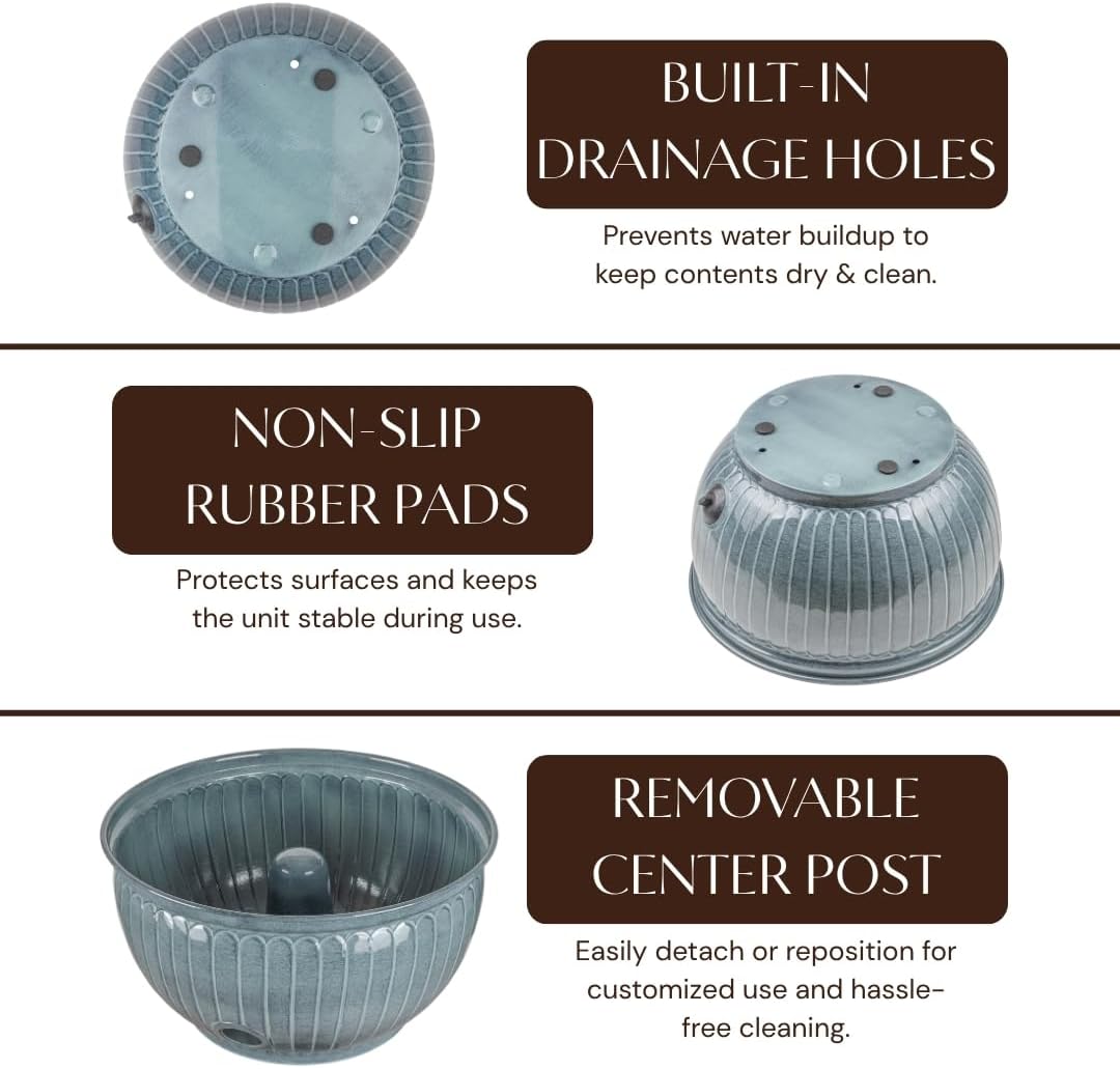 Monarch Abode Garden Hose Holder with Lid – Decorative Water Hose Holders for Outside, Arch Embossed Metal Patina Pot with Drainage, 100ft Waterhose Holder for Outside, Garden Storage Caddy