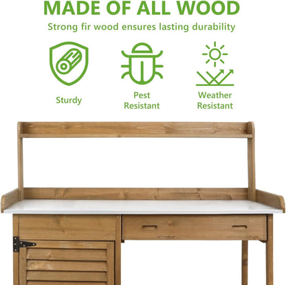 PetsCosset Folding Garden Potting Bench Table，Outdoor Wooden Work Station W/Metal Table Top,2 Tier Open Storage Rack,Top Shelf-Natural Stained