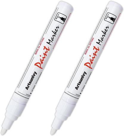 Artsunlvy White Paint Pens marking pens Permanent Markers - 2 Pack Oil Based Waterproof Markers for Tire, Rubber,Wood, Rocks, Metal, Canvas,Plastic, Dark Surface,Craft office Supplies,Medium Point