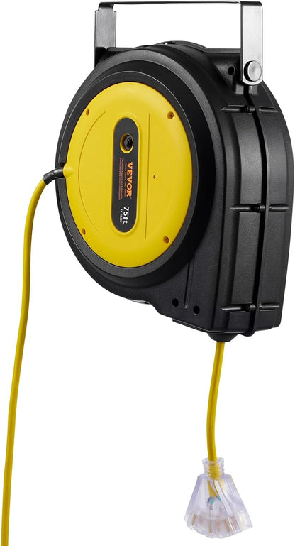 65FT Retractable Extension Cord Reel, Heavy Duty 12AWG/3C SJTOW Cord