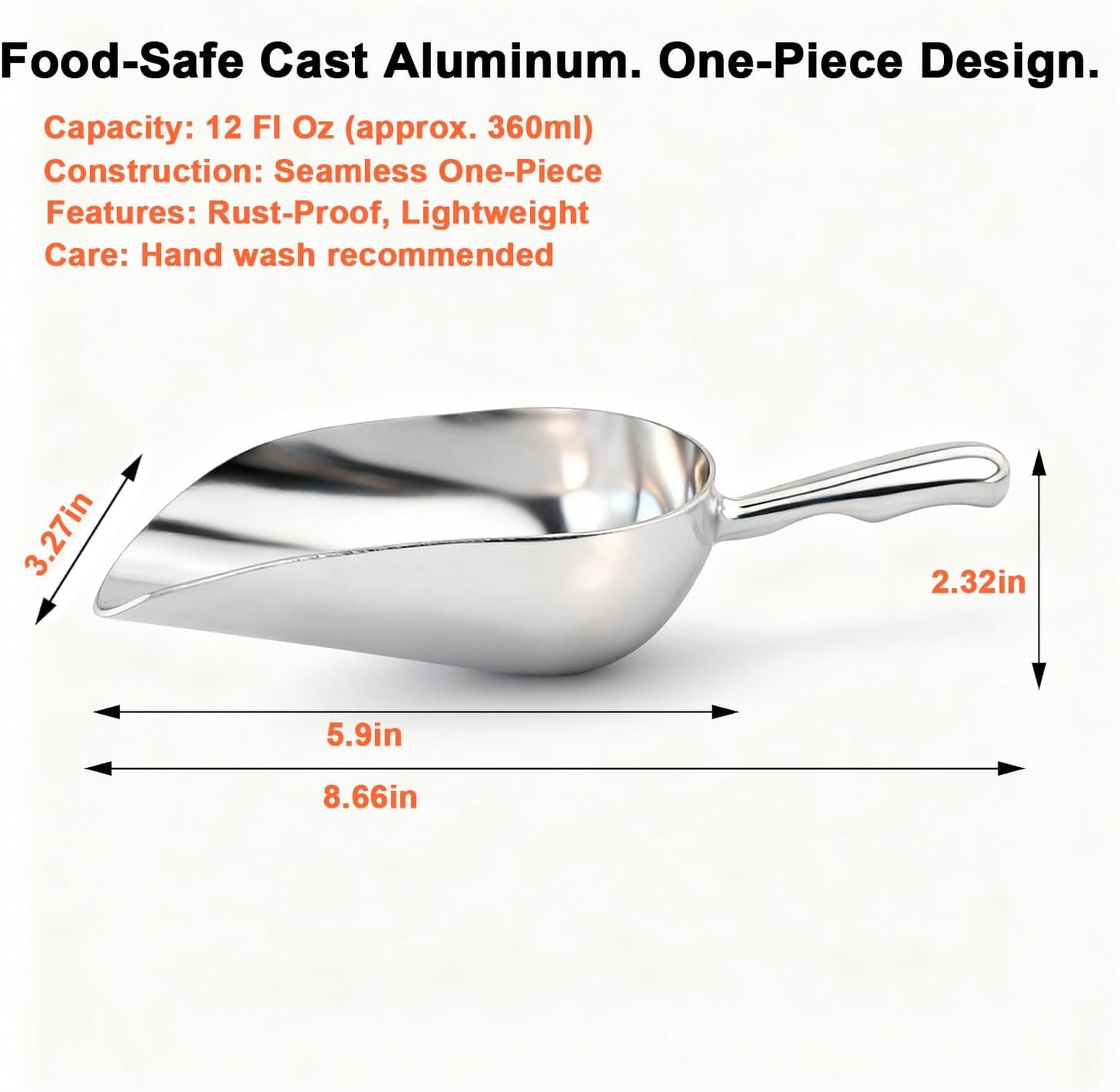 6 OZ Cast Aluminum Utility Scoop, One-Piece Solid Ice Scoop for Ice Bucket, Bar, Kitchen, Multipurpose Food Scooper for Flour, Sugar, Popcorn, Dog Food (Silver) (6OZ)