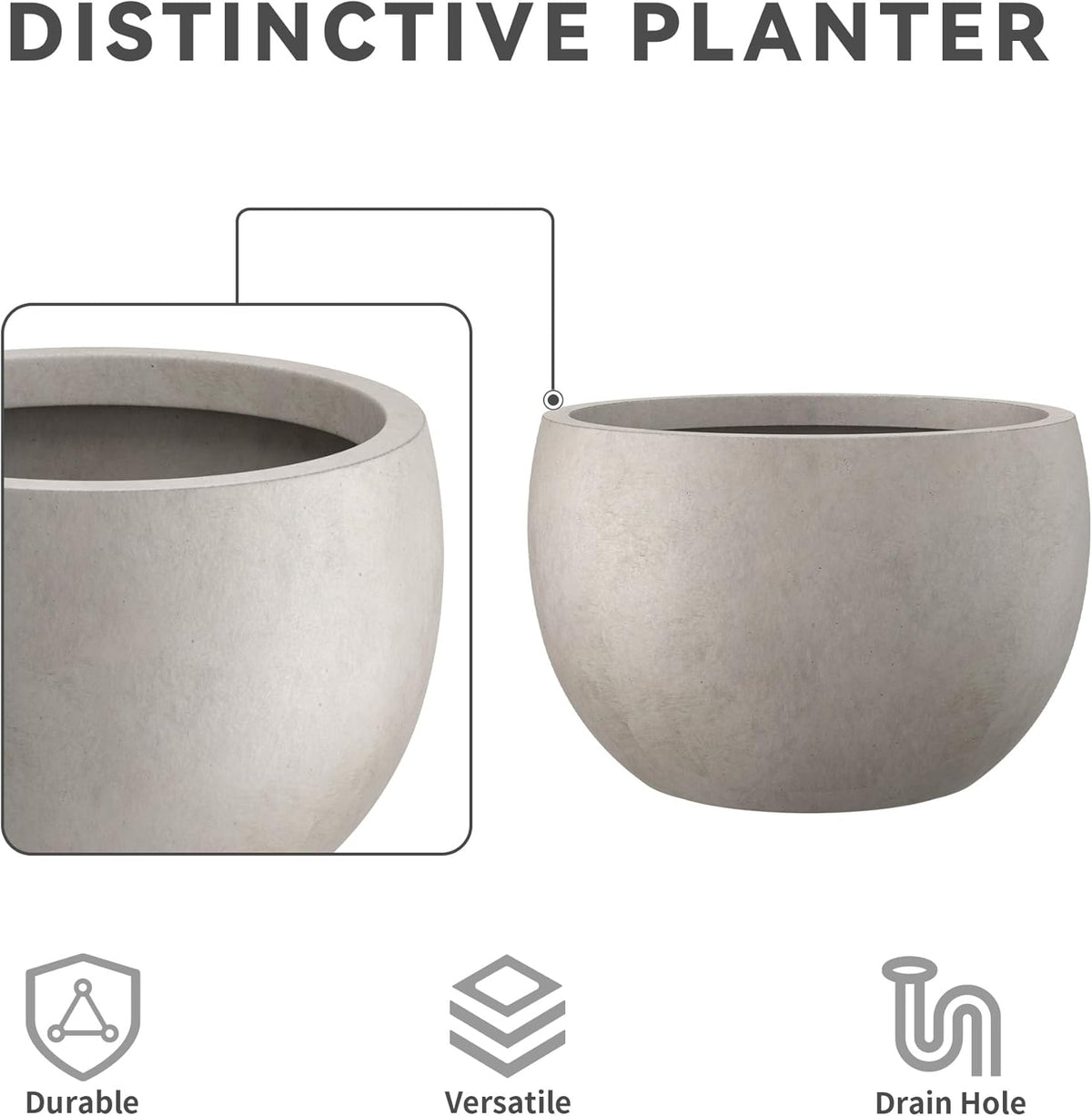 Large Round Bowl Vintage BRN Concrete Planter 19.9" Dia, Outdoor