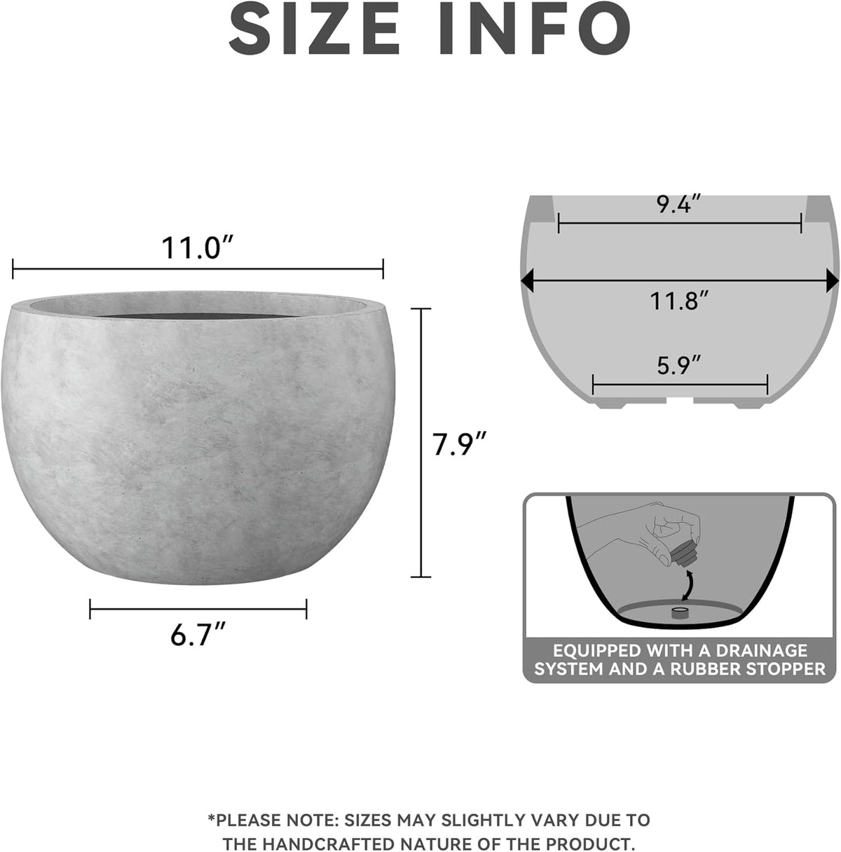 Large Round Bowl Vintage BRN Concrete Planter 19.9" Dia, Outdoor