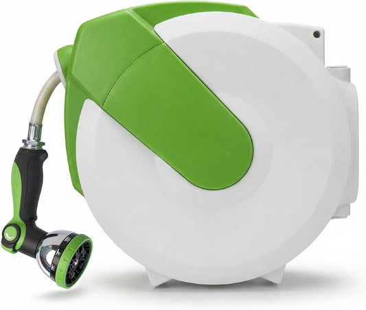 Retractable Garden Hose Reel, 1/2 inch x 50ft Wall Mounted Heavy Duty Hose Reel with Auto Rewind System, 180° Swivel Bracket, Any Length Lock, 10-Pattern Garden Hose Nozzle