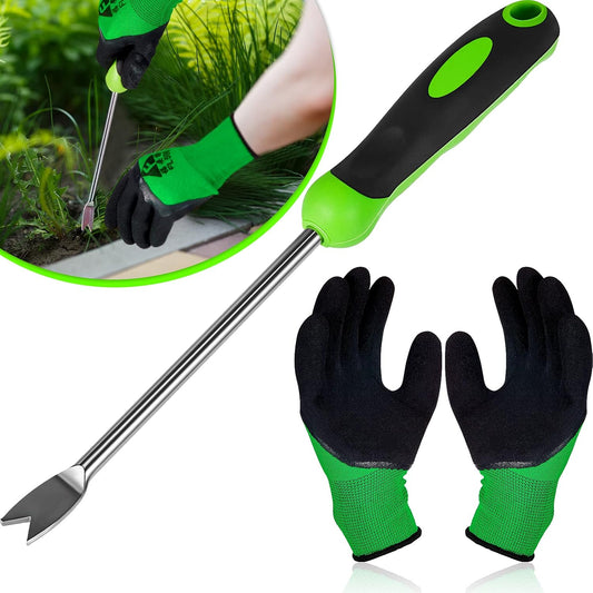 2 Pcs Weed Puller Tool Set with Gloves V Shaped Forks Metal Base