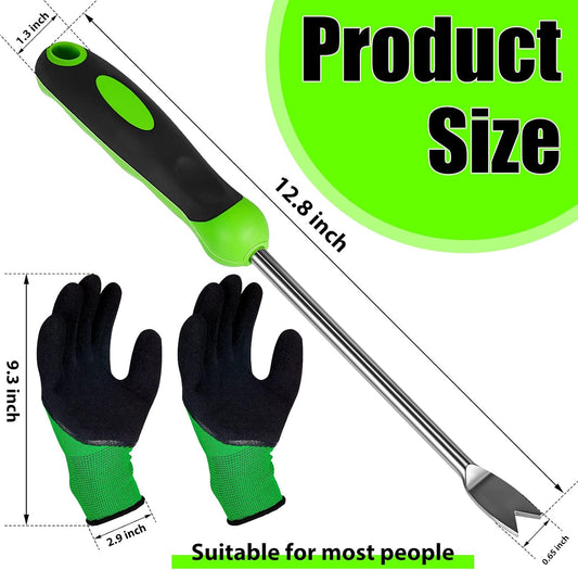 2 Pcs Weed Puller Tool Set with Gloves V Shaped Forks Metal Base