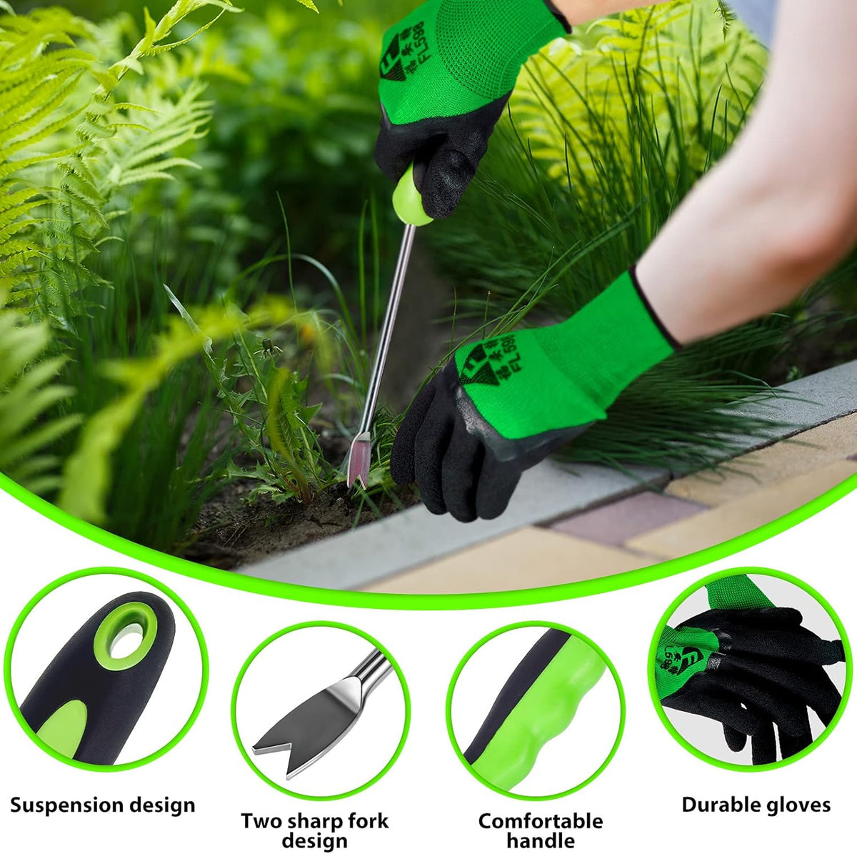 2 Pcs Weed Puller Tool Set with Gloves V Shaped Forks Metal Base