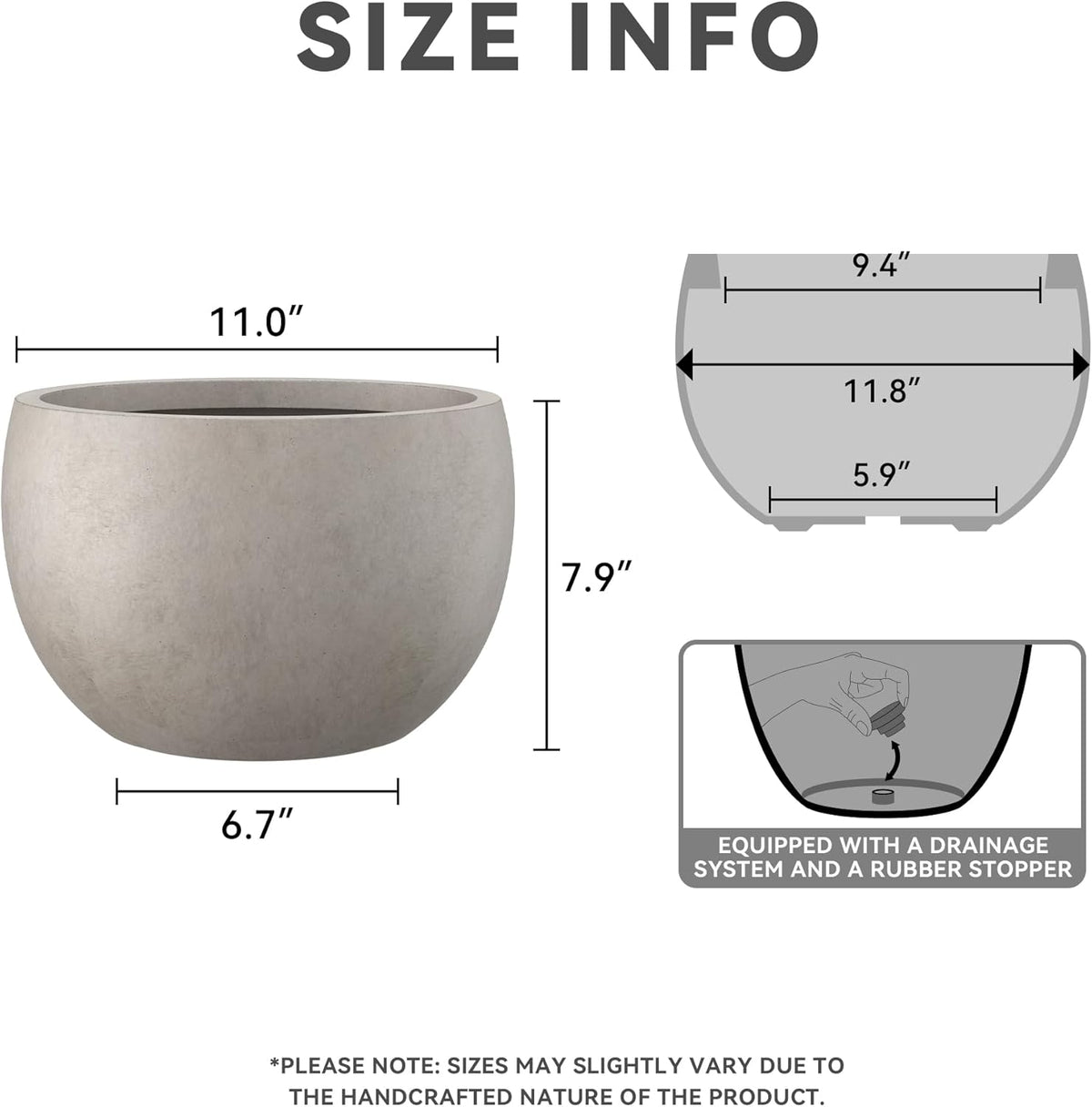 Large Round Bowl Vintage BRN Concrete Planter 19.9" Dia, Outdoor