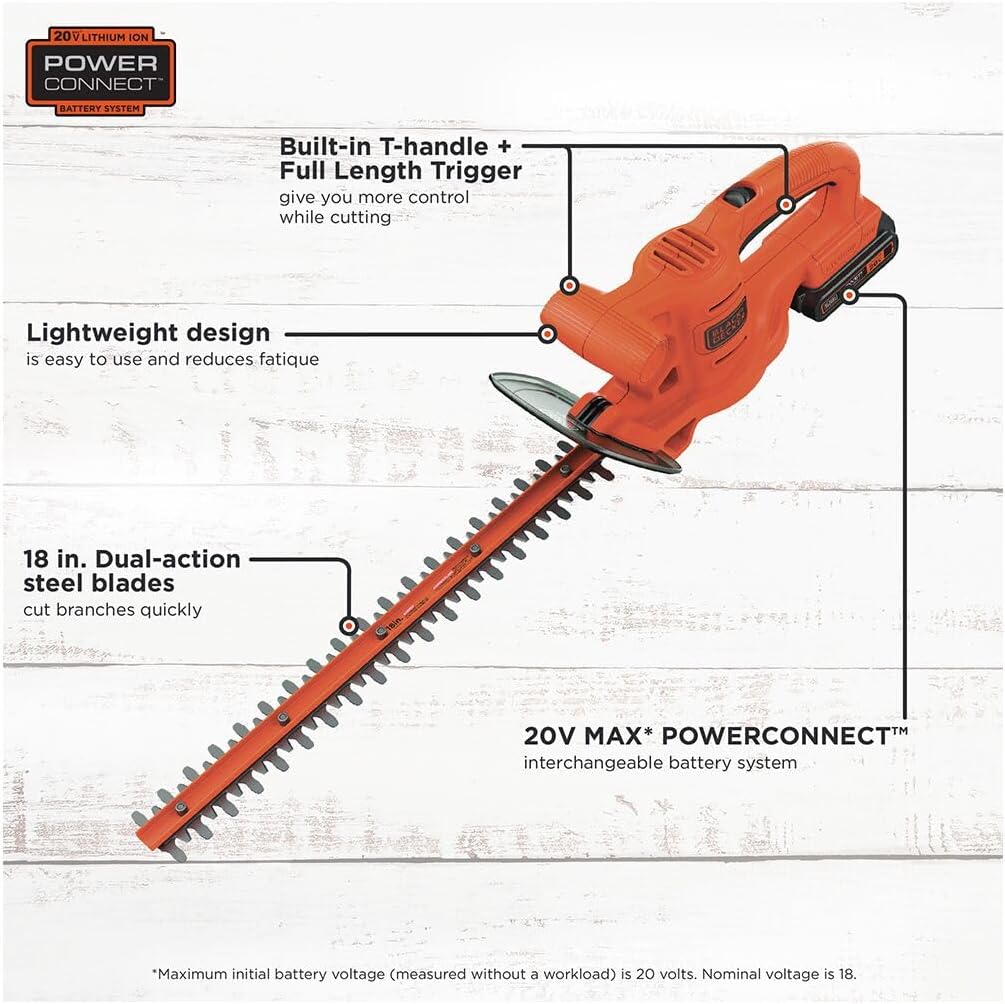 BLACK+DECKER 20V MAX Hedge Trimmer Cordless, 18 inch Blade, (1) Battery and Charger Included, Light Weight Reduced Vibration, Bush Trimmer Hedger (LHT218C1)