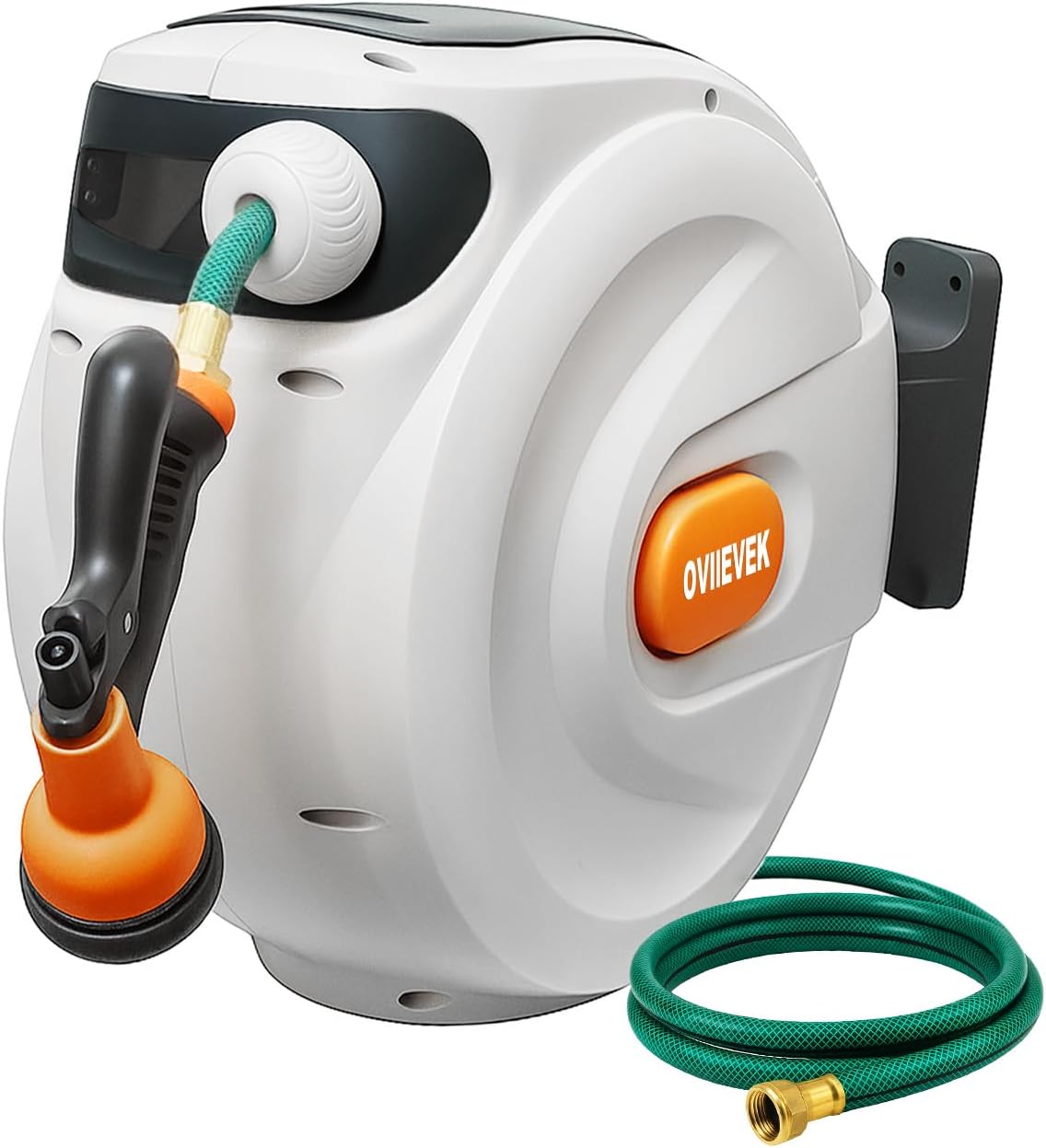Retractable Garden Hose Reel,1/2 Inch x 100ft Wall Mounted Hose Wall,180° Swivel Bracket,With Built-in Nozzle,Slow Retraction Any Length Lock.