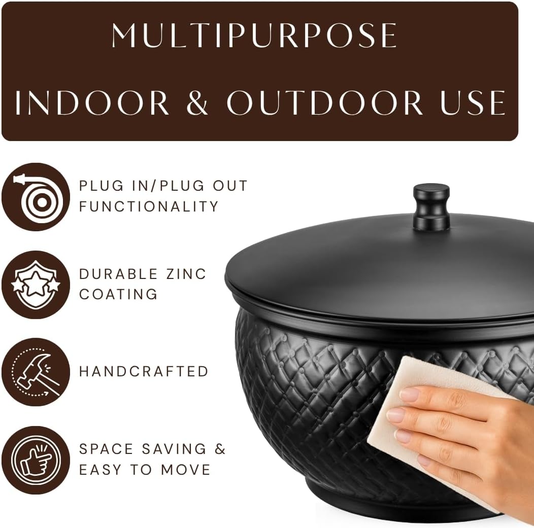 Monarch Abode Garden Hose Holder with Lid – Decorative Water Hose Holders for Outside, Diamond Embossed Metal Patina Pot with Drainage, 100ft Waterhose Holder for Outside, Garden Storage Caddy