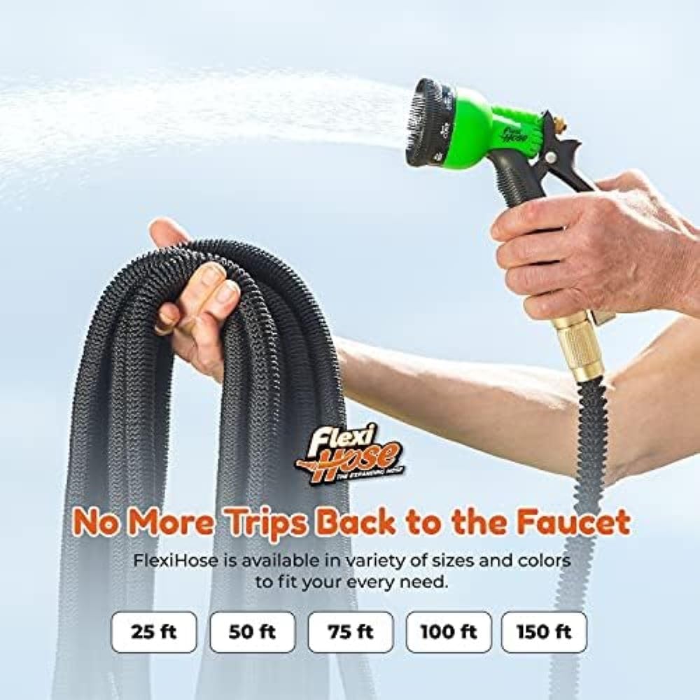 Flexi Hose Lightweight Expandable Garden Hose, 150FT -Retractable Garden Hose, Water Hose - No-Kink Flexibility, 3/4 Inch Solid Brass Fittings and Double Latex Core