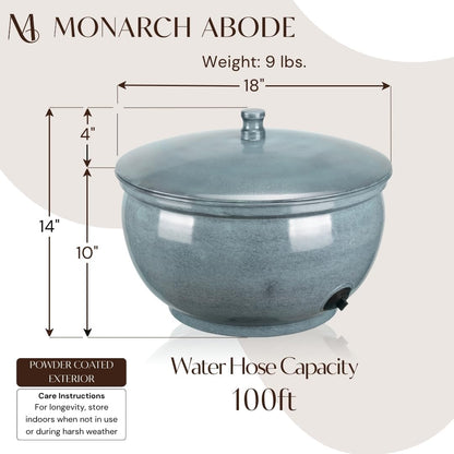 Monarch Abode Garden Hose Holder with Lid – Decorative Water Hose Holders for Outside, Smooth Metal Antique Copper Pot with Drainage, 100ft Waterhose Holder for Outside, Garden Storage Caddy