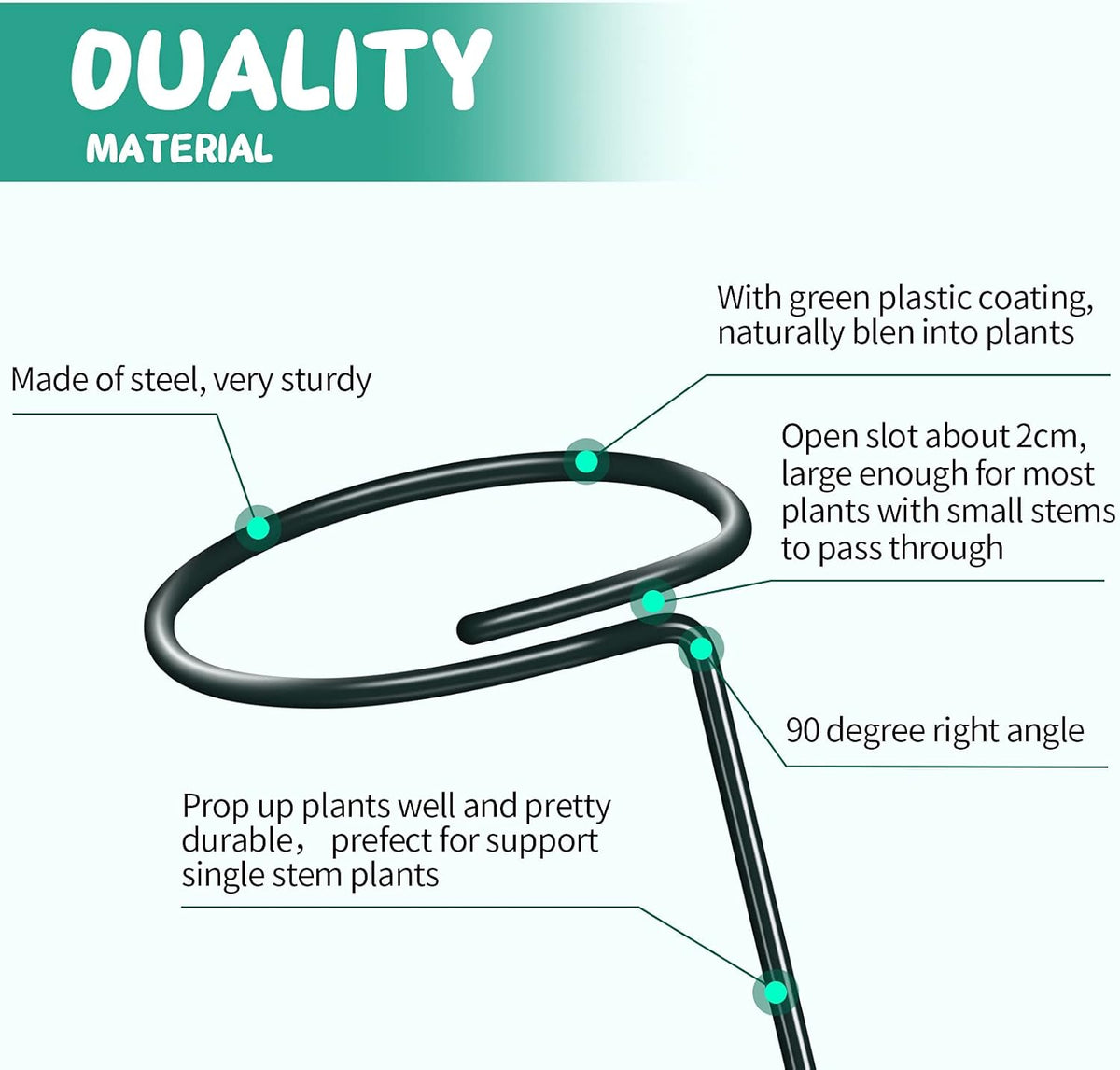 Green Metal Plant Support Stakes with Rings (Pack of 8) and 10 Plant Clips - Garden Single Stem Support Rod Set for Amaryllis, Rose, Tomato Seedling, Sapling