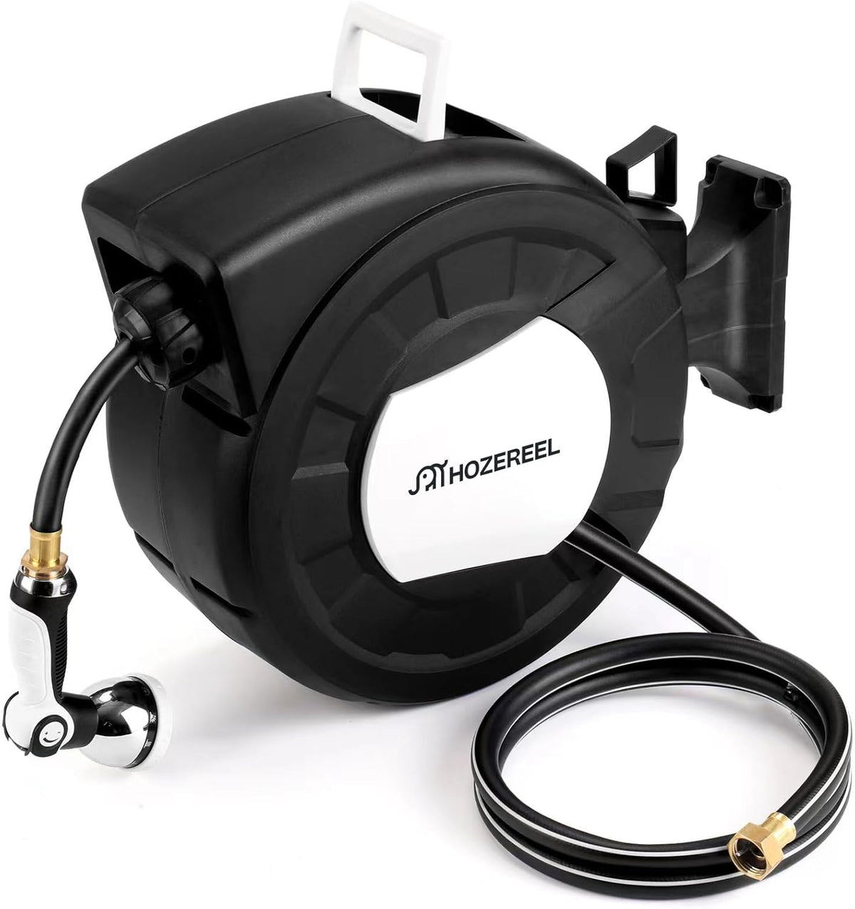 100 FT x 1/2" Retractable Garden Hose Reel by HOZEREEL, Decorative Outdoor Garden Hose Reels - Automatic Self Retract Wall Mount Hose Reel Enclosed Storage, Any Length Lock, 10 Pattern Nozzle Black