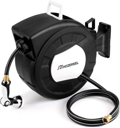 100 FT x 1/2" Retractable Garden Hose Reel by HOZEREEL, Decorative Outdoor Garden Hose Reels - Automatic Self Retract Wall Mount Hose Reel Enclosed Storage, Any Length Lock, 10 Pattern Nozzle Black