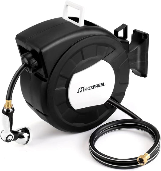 100 FT x 1/2" Retractable Garden Hose Reel by HOZEREEL, Decorative Outdoor Garden Hose Reels - Automatic Self Retract Wall Mount Hose Reel Enclosed Storage, Any Length Lock, 10 Pattern Nozzle Black