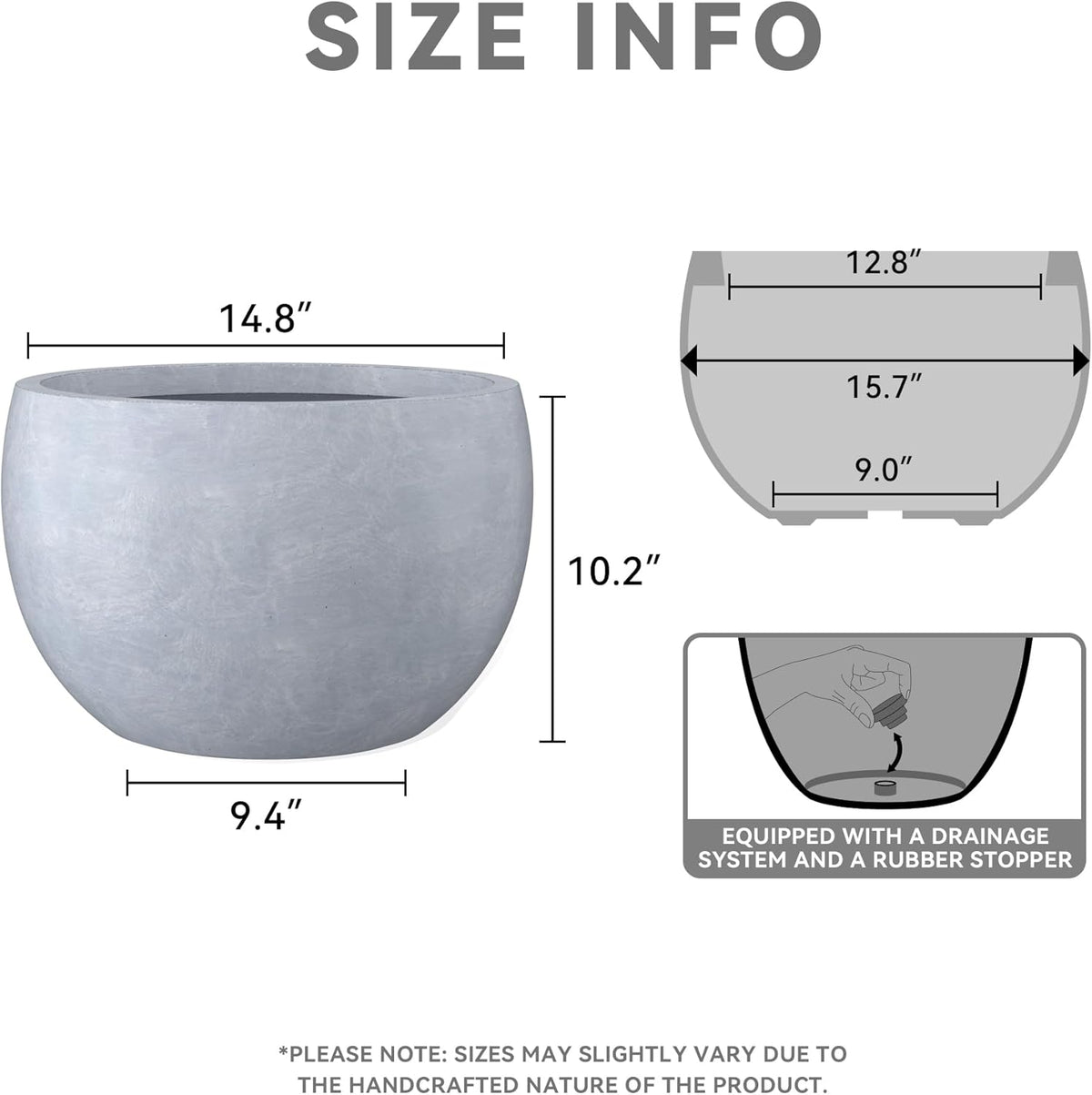 Large Round Bowl Vintage BRN Concrete Planter 19.9" Dia, Outdoor