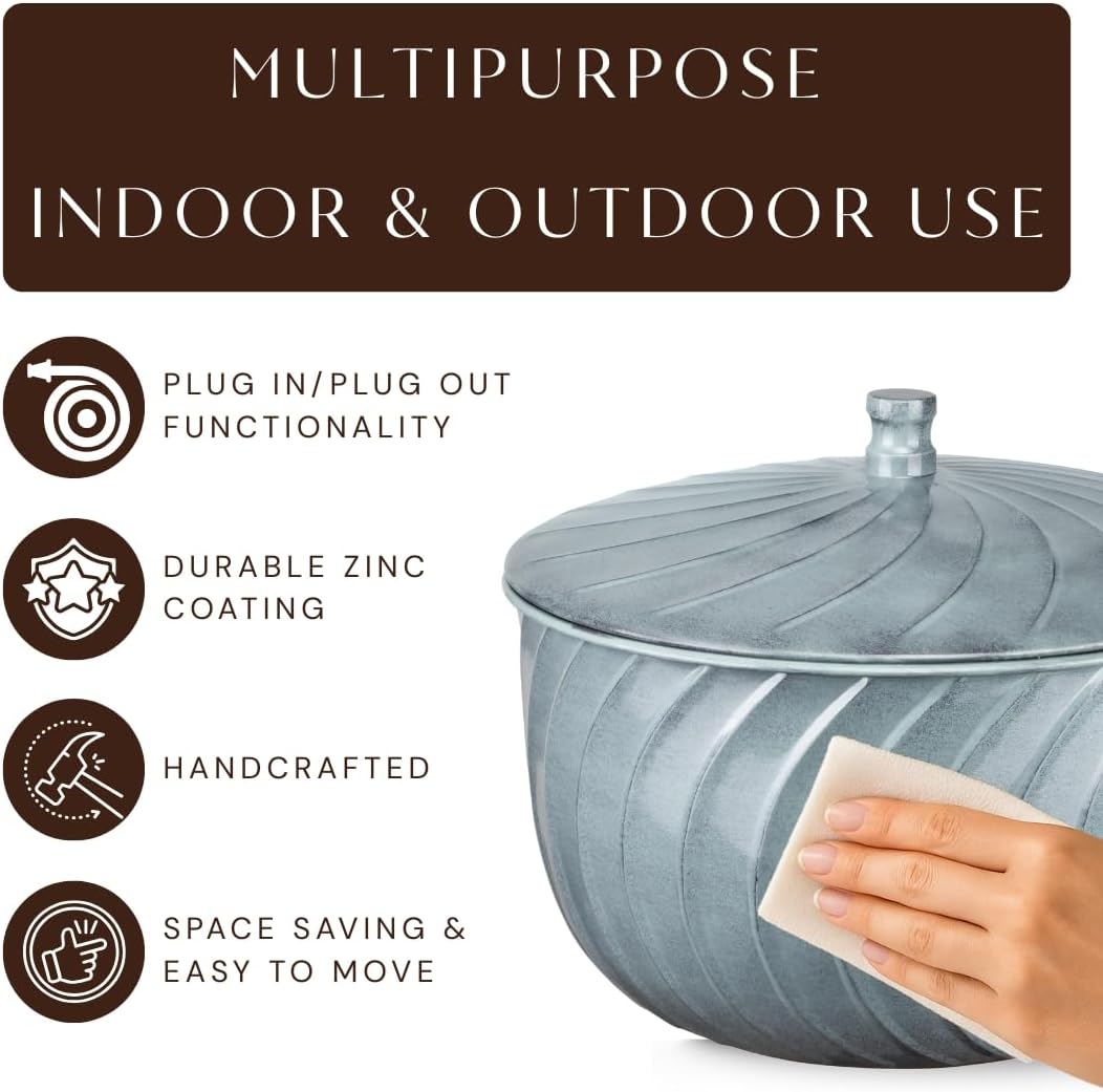 Monarch Abode Garden Hose Holder with Lid – Decorative Water Hose Holders for Outside, Wave Embossed Metal Matte Black Pot with Drainage, 100ft Waterhose Holder for Outside, Garden Storage Caddy