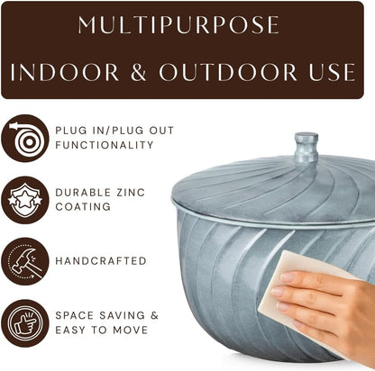 Monarch Abode Garden Hose Holder with Lid – Decorative Water Hose Holders for Outside, Wave Embossed Metal Matte Black Pot with Drainage, 100ft Waterhose Holder for Outside, Garden Storage Caddy