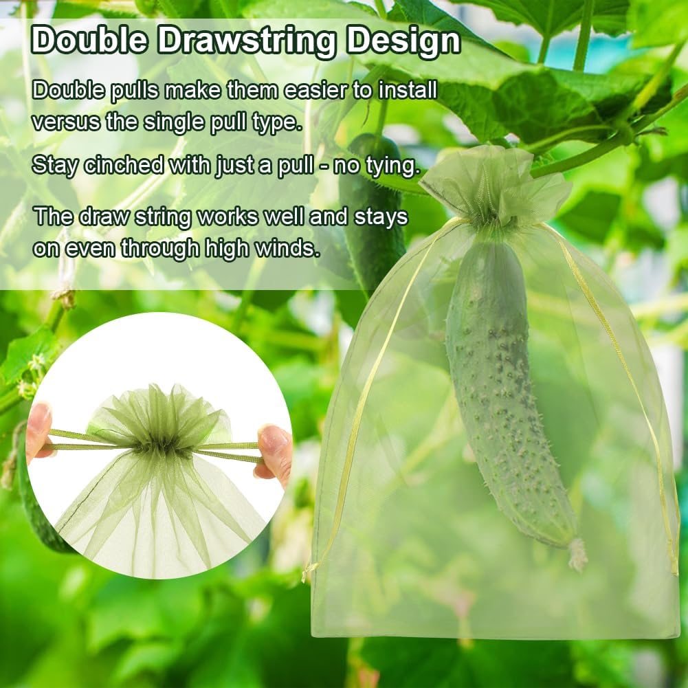 Shintop 100Pcs Fruit Protection Bags, 6x9 Inch Green Fruit Tree Netting Cover Drawstring Mesh Tomato Bags Pest Barrier for Apples Mango