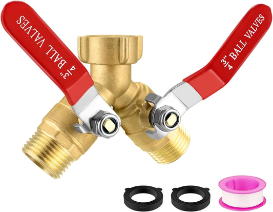 2 Way Garden Hose Splitter, Heavy Duty Brass Y Valve, 3/4” GHT Outdoor Faucet Splitter with Dual Shut Off Valves, 304 Stainless Steel Long Handles, Leak-Proof
