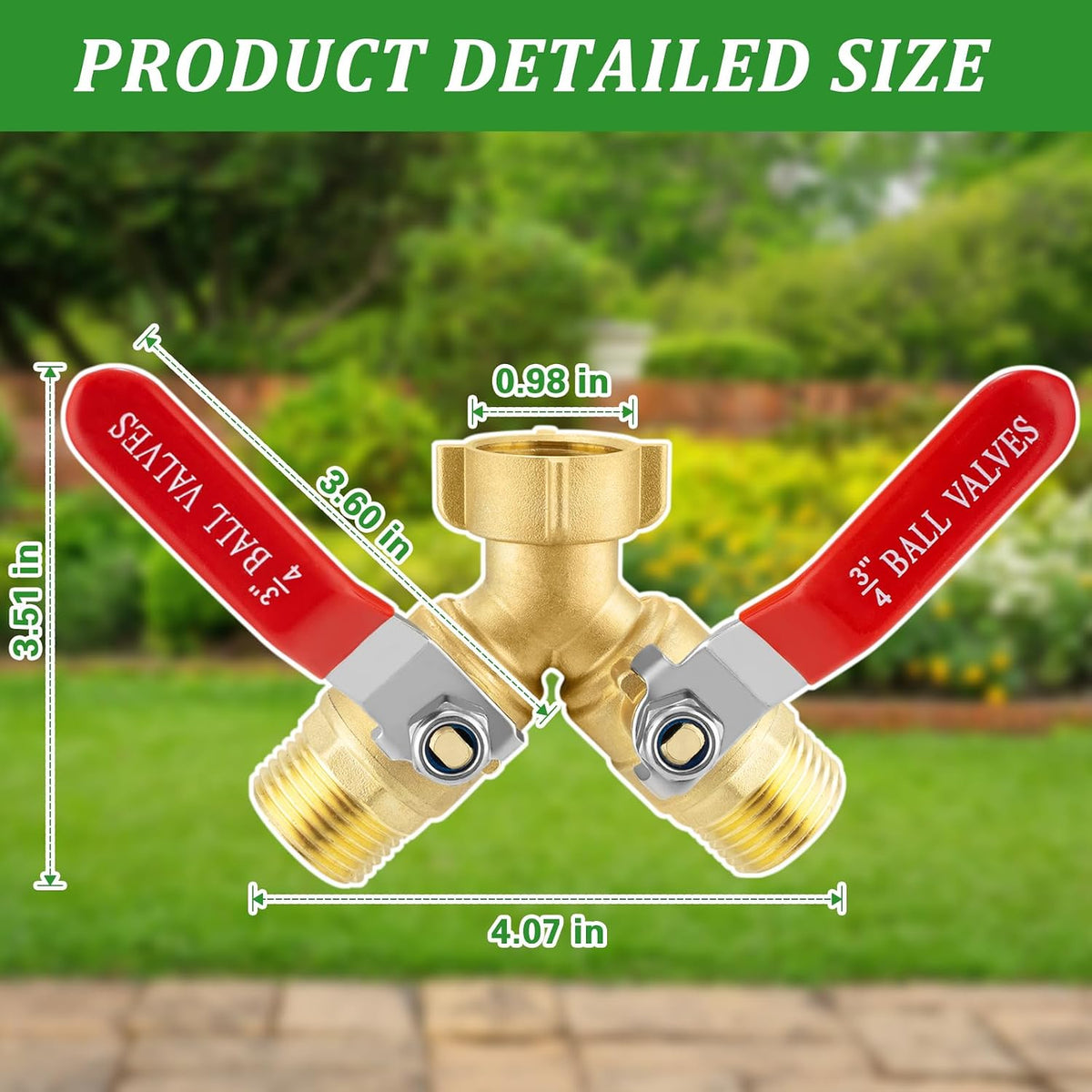 2 Way Garden Hose Splitter, Heavy Duty Brass Y Valve, 3/4” GHT Outdoor Faucet Splitter with Dual Shut Off Valves, 304 Stainless Steel Long Handles, Leak-Proof