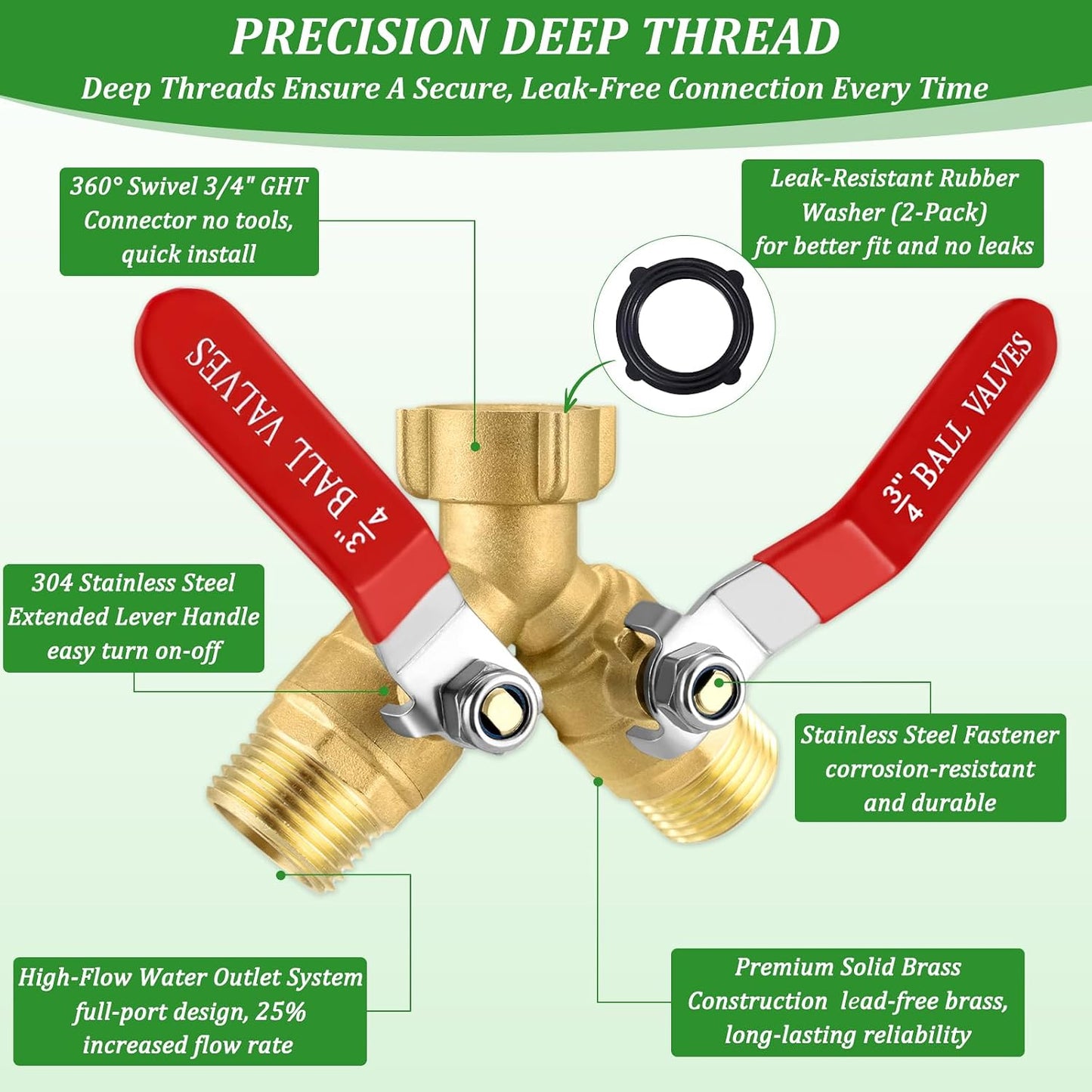 2 Way Garden Hose Splitter, Heavy Duty Brass Y Valve, 3/4” GHT Outdoor Faucet Splitter with Dual Shut Off Valves, 304 Stainless Steel Long Handles, Leak-Proof