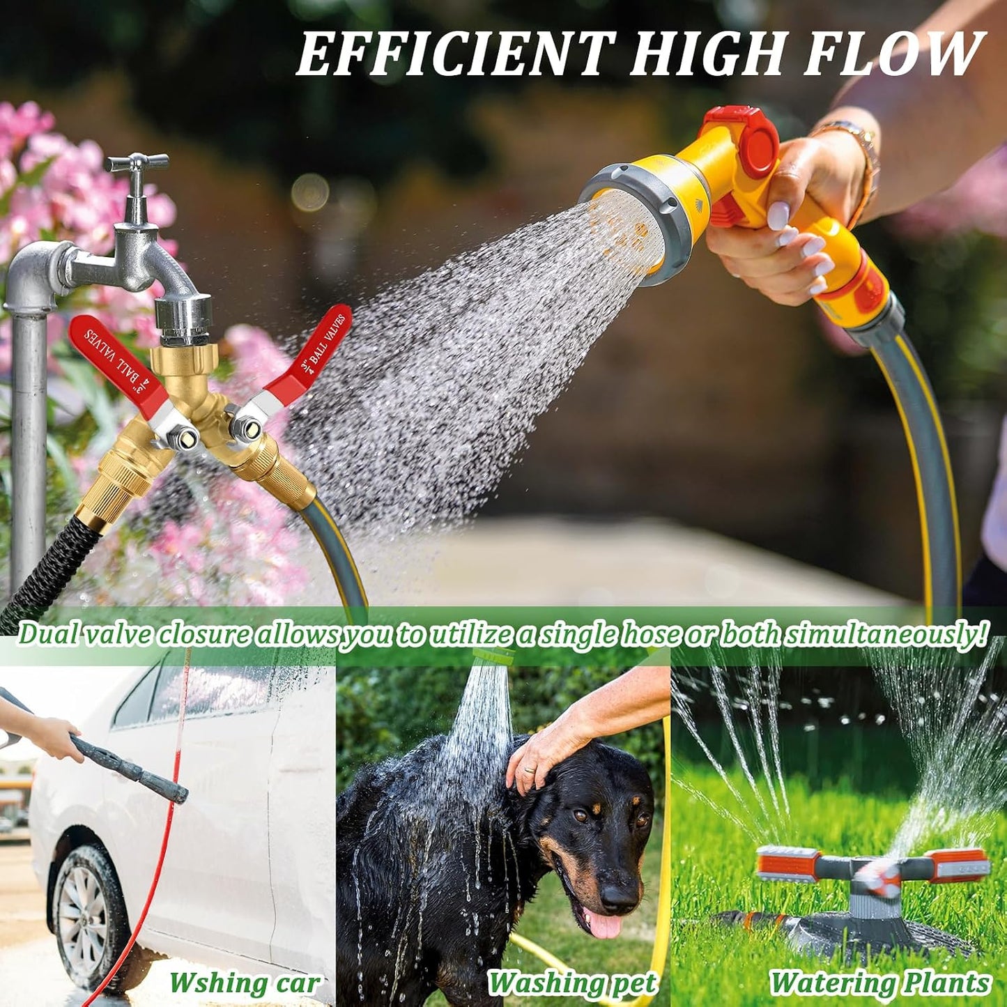 2 Way Garden Hose Splitter, Heavy Duty Brass Y Valve, 3/4” GHT Outdoor Faucet Splitter with Dual Shut Off Valves, 304 Stainless Steel Long Handles, Leak-Proof