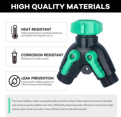 2 Way Garden Hose Splitter, Heavy Duty Brass Y Valve, 3/4” GHT Outdoor Faucet Splitter with Dual Shut Off Valves, 304 Stainless Steel Long Handles, Leak-Proof