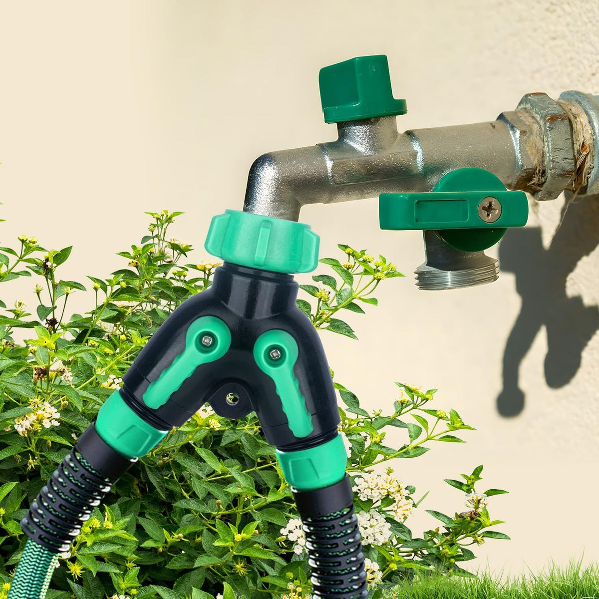 2 Way Garden Hose Splitter, Heavy Duty Brass Y Valve, 3/4” GHT Outdoor Faucet Splitter with Dual Shut Off Valves, 304 Stainless Steel Long Handles, Leak-Proof