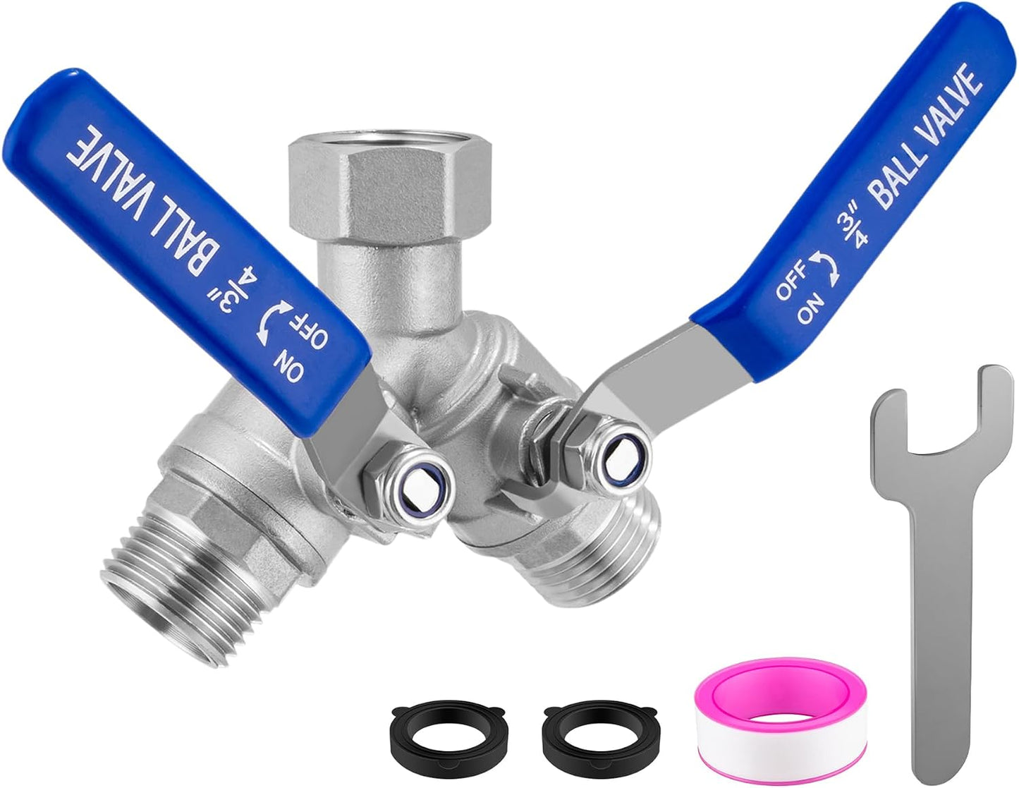 2 Way Garden Hose Splitter, Heavy Duty Brass Y Valve, 3/4” GHT Outdoor Faucet Splitter with Dual Shut Off Valves, 304 Stainless Steel Long Handles, Leak-Proof