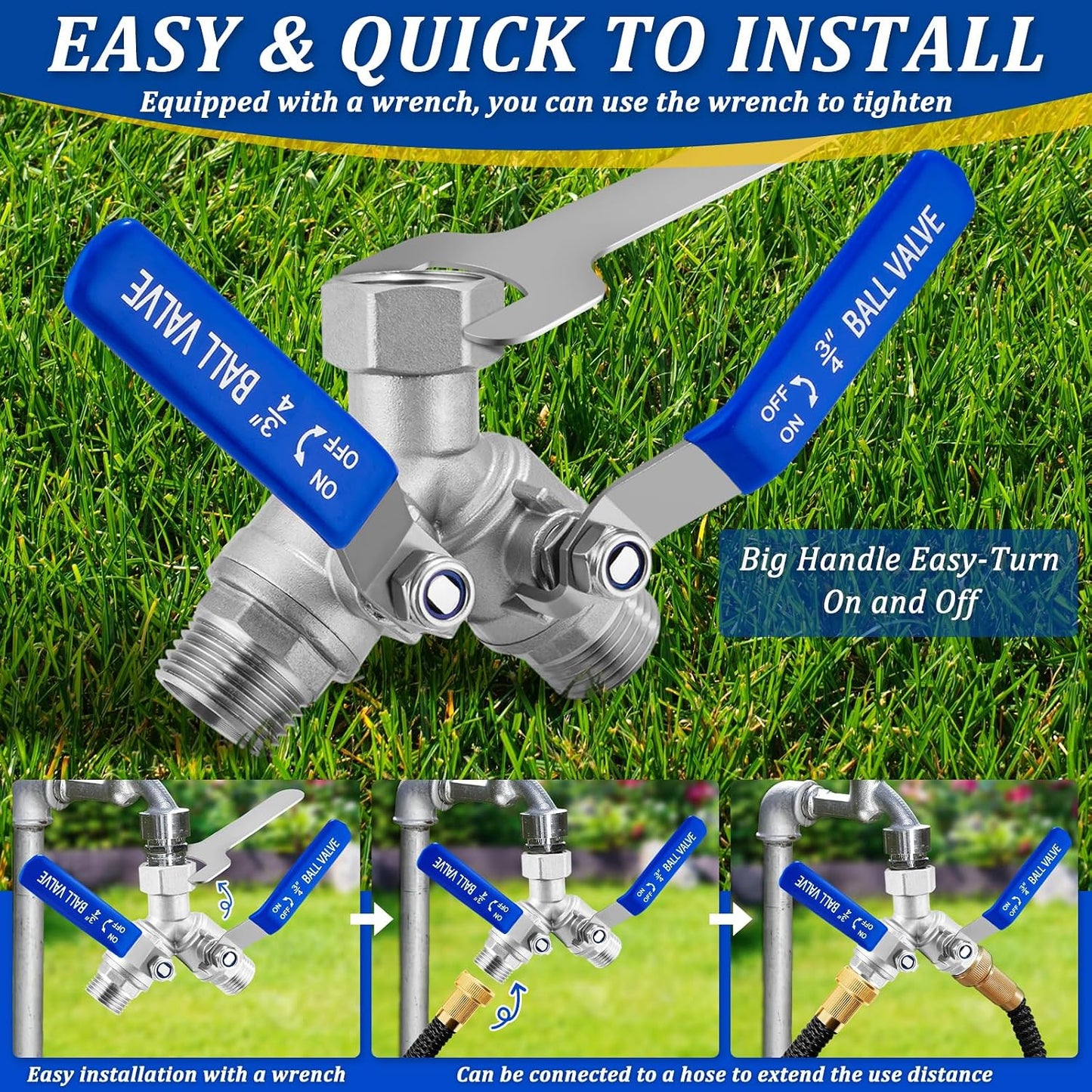 2 Way Garden Hose Splitter, Heavy Duty Brass Y Valve, 3/4” GHT Outdoor Faucet Splitter with Dual Shut Off Valves, 304 Stainless Steel Long Handles, Leak-Proof