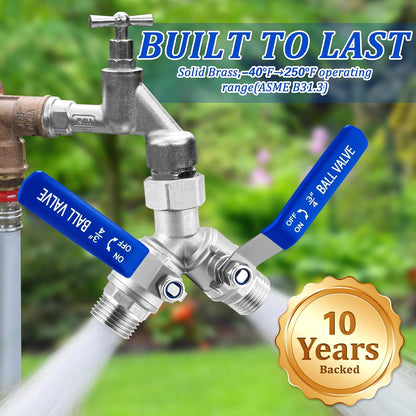 2 Way Garden Hose Splitter, Heavy Duty Brass Y Valve, 3/4” GHT Outdoor Faucet Splitter with Dual Shut Off Valves, 304 Stainless Steel Long Handles, Leak-Proof