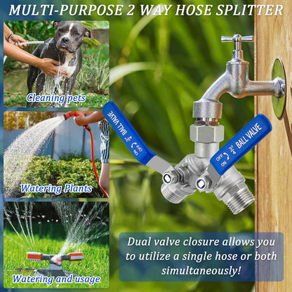 2 Way Garden Hose Splitter, Heavy Duty Brass Y Valve, 3/4” GHT Outdoor Faucet Splitter with Dual Shut Off Valves, 304 Stainless Steel Long Handles, Leak-Proof