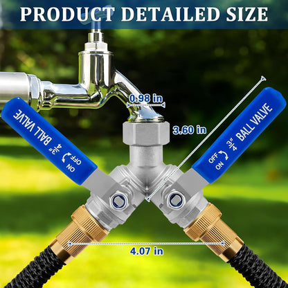 2 Way Garden Hose Splitter, Heavy Duty Brass Y Valve, 3/4” GHT Outdoor Faucet Splitter with Dual Shut Off Valves, 304 Stainless Steel Long Handles, Leak-Proof