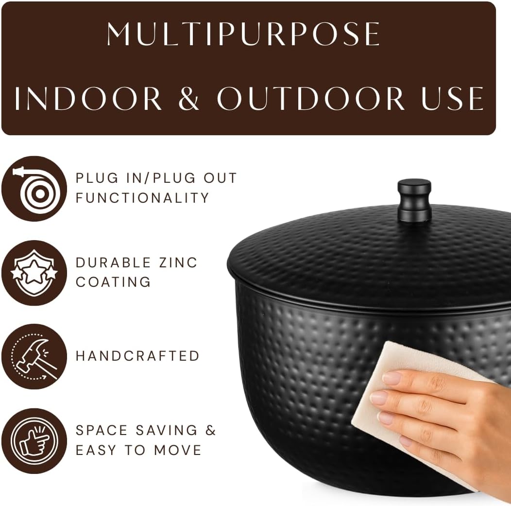 Monarch Abode Garden Hose Holder with Lid – Decorative Water Hose Holders for Outside, Hand Hammered Metal Matte Black Pot with Drainage, 100ft Waterhose Holder for Outside, Garden Storage Caddy