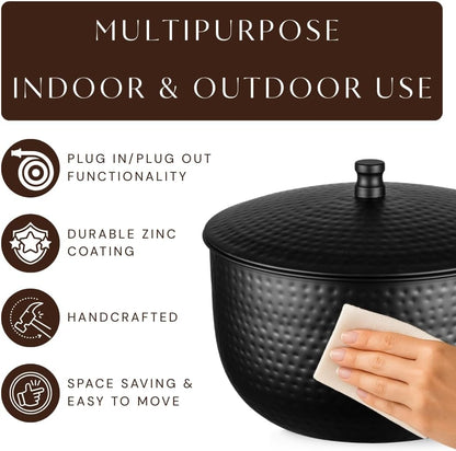 Monarch Abode Garden Hose Holder with Lid – Decorative Water Hose Holders for Outside, Hand Hammered Metal Matte Black Pot with Drainage, 100ft Waterhose Holder for Outside, Garden Storage Caddy