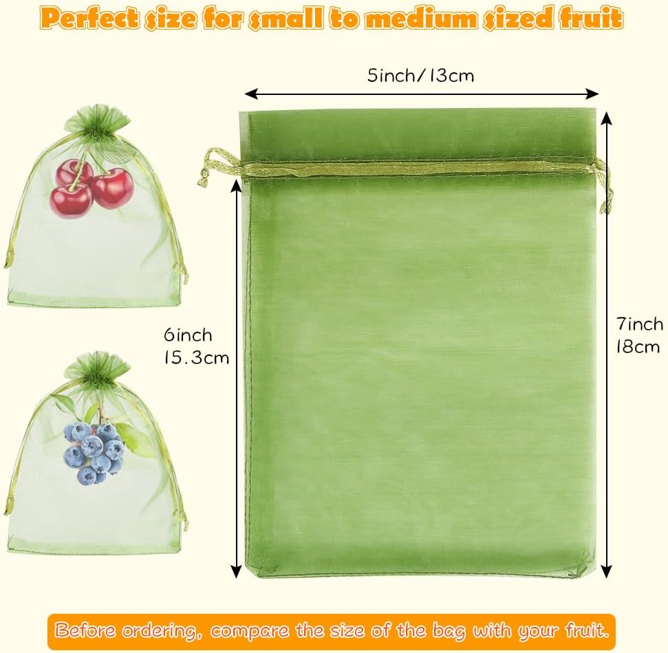 Shintop 100Pcs Fruit Protection Bags, 6x9 Inch Green Fruit Tree Netting Cover Drawstring Mesh Tomato Bags Pest Barrier for Apples Mango