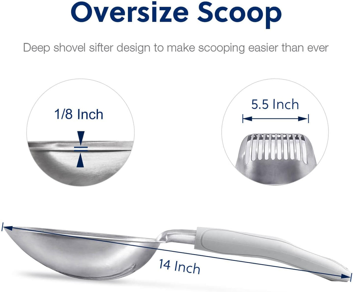 Cat Litter Scoop, Aluminum Alloy Sifter, Kitty Metal Scooper, Deep Shovel, Long Handle, Poop Sifting, Kitten Pooper Lifter, Durable, Heavy Duty, for Litter Box
