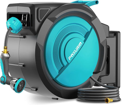 1/2" 150FT Retractable Garden Hose Reel, Wall Mounted Automatic Hose Reel with Upgraded 10 Pattern Nozzle/Any Length Lock/Slow Return System/180°Swivel Bracket, AquaBlue
