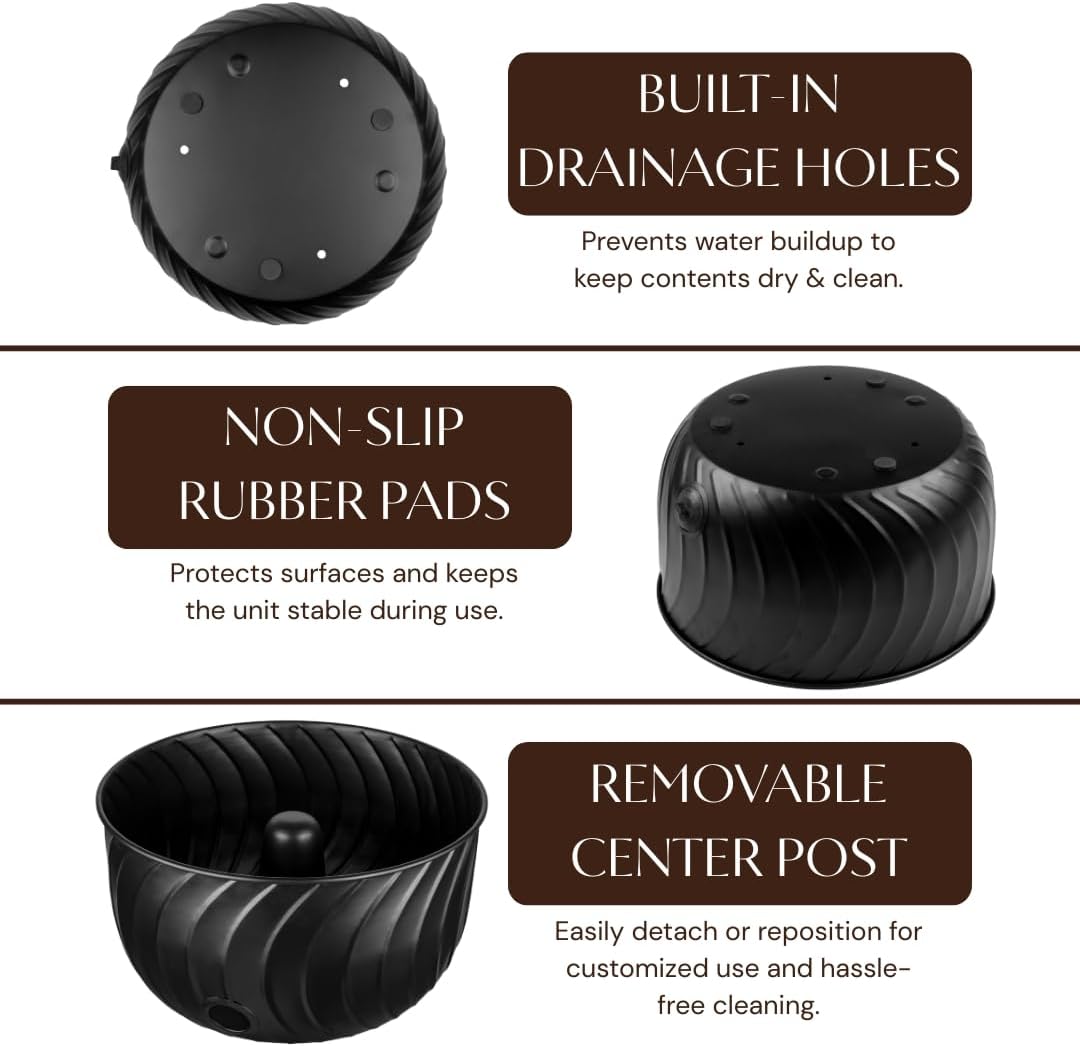 Monarch Abode Garden Hose Holder with Lid – Decorative Water Hose Holders for Outside, Wave Embossed Metal Matte Black Pot with Drainage, 100ft Waterhose Holder for Outside, Garden Storage Caddy