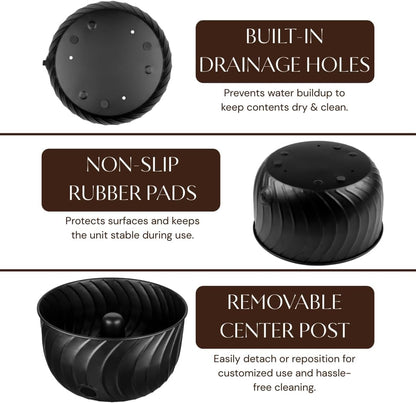 Monarch Abode Garden Hose Holder with Lid – Decorative Water Hose Holders for Outside, Wave Embossed Metal Matte Black Pot with Drainage, 100ft Waterhose Holder for Outside, Garden Storage Caddy