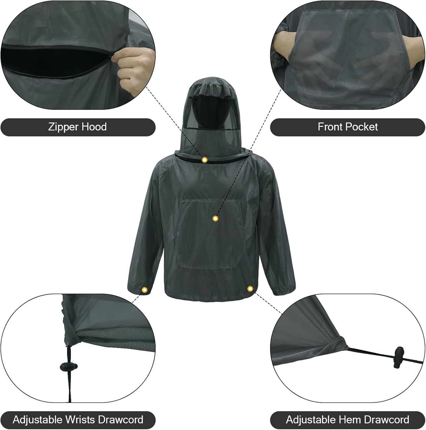 Mosquito Netting Suit Bug Net Mesh Clothing with Hood Outdoor Garden Hunting Camo Protection from Fly Insects Bugs