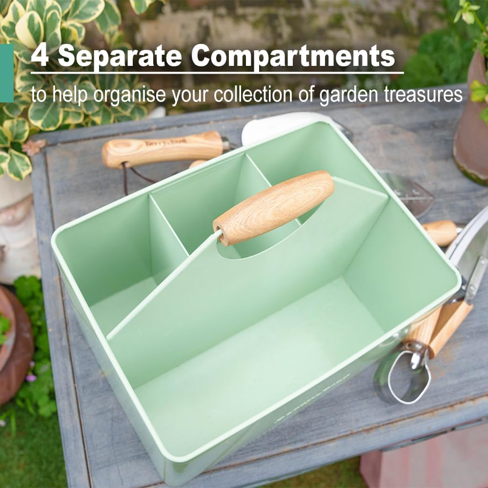 Berry&Bird Garden Tool Organizer, Metal Garden Caddy with 4 Compartments and Wooden Handle, Gardening Tools Box for Indoor & Outdoor, Practical Gardener Gift for Gardening Lovers