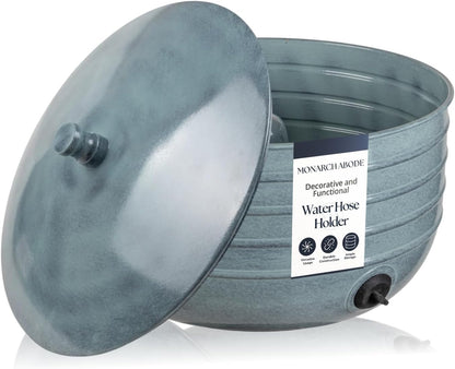 Monarch Abode Garden Hose Holder with Lid – Decorative Water Hose Holders for Outside, Border Embossed Metal Patina Pot with Drainage, 100ft Waterhose Holder for Outside, Garden Storage Caddy